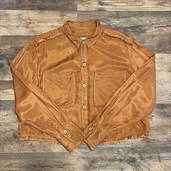 Anthropologie | Copper Bronze Metallic Look Cropped Raw Hem Button Down Shirt - Picture 2 of 9